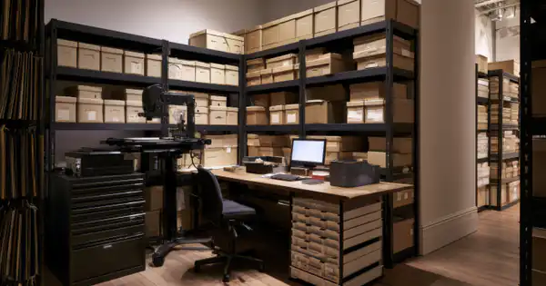 Sala de archivo con estanterías de cajas y un puesto de trabajo