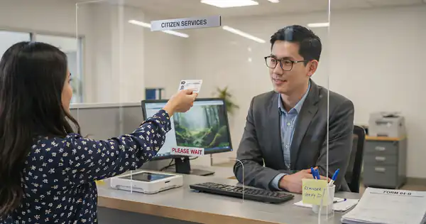 Funcionario atendiendo a una ciudadana en un mostrador de atención al público