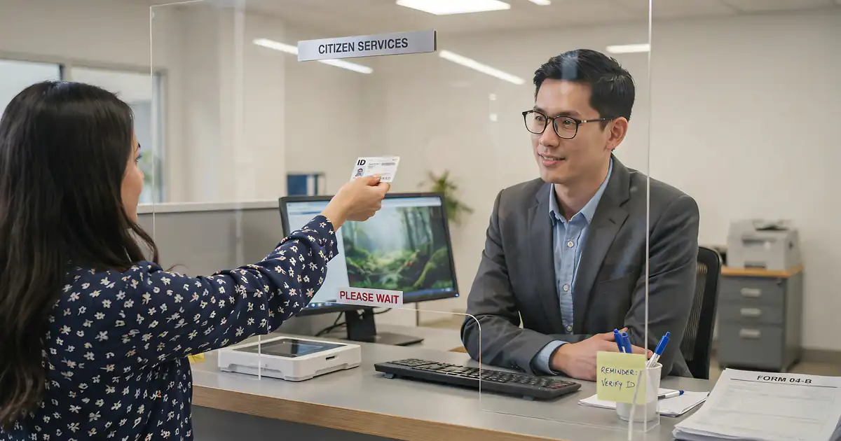 Funcionario atendiendo a una ciudadana en un mostrador de atención al público