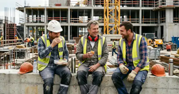 Obreros con casco y chaleco descansando en una obra en construcción
