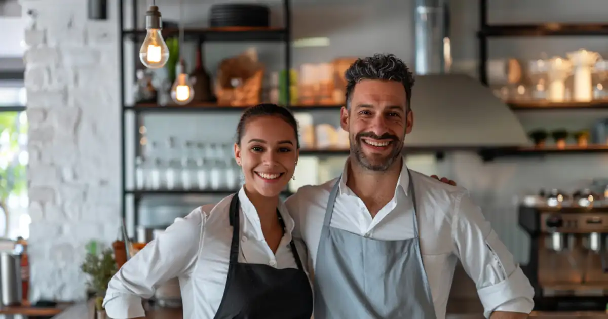 Camarera y camarero sonrientes en la barra de una cafetería