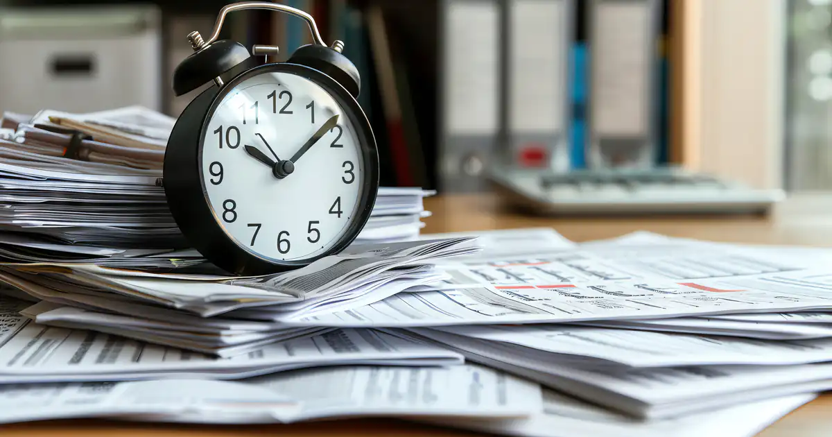 Reloj despertador sobre una pila de documentos de oficina