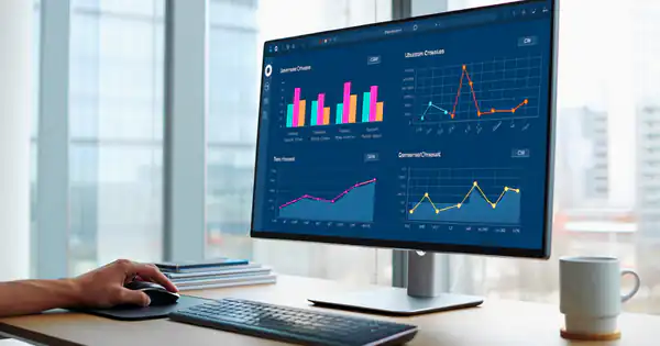 Monitor con gráficos de indicadores sobre un escritorio de oficina