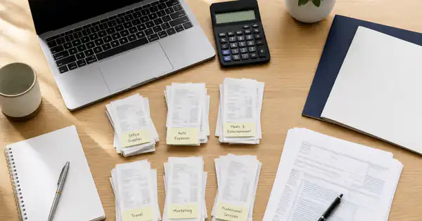 Tiques de gastos ordenados en montones junto al portátil y la calculadora