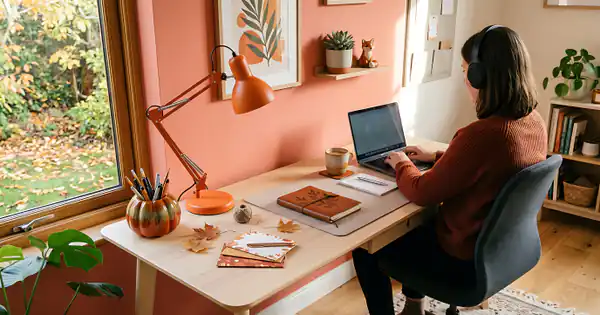 Mujer teletrabajando con su portátil junto a la ventana de casa