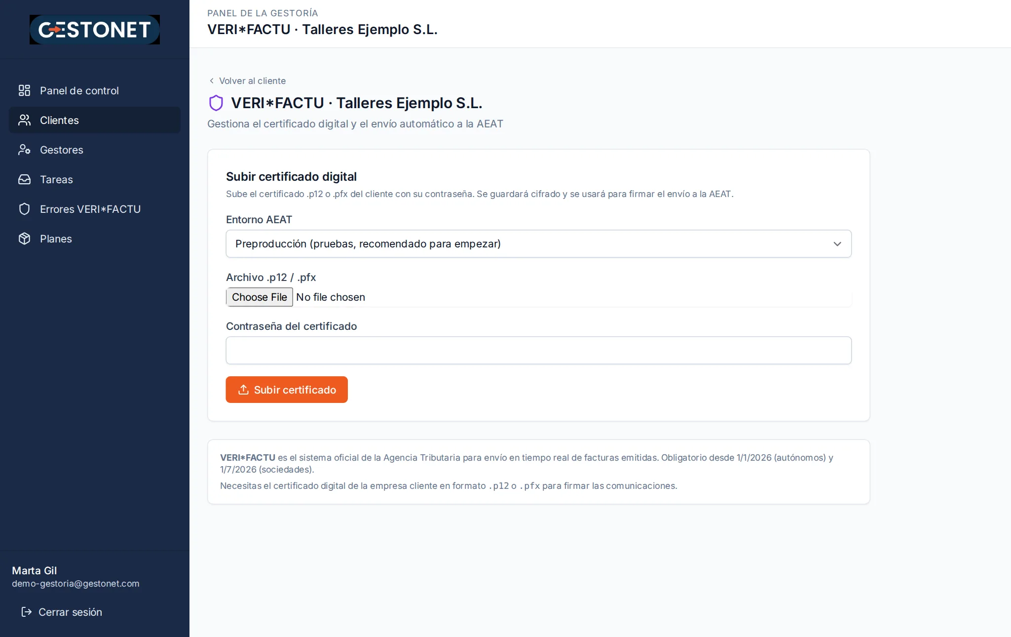 Configuración de VERI*FACTU de un cliente
