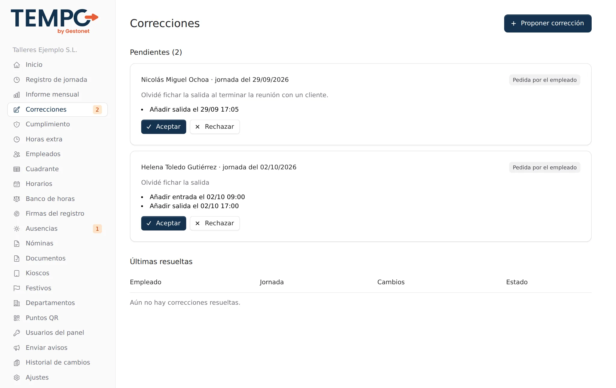 Bandeja de correcciones