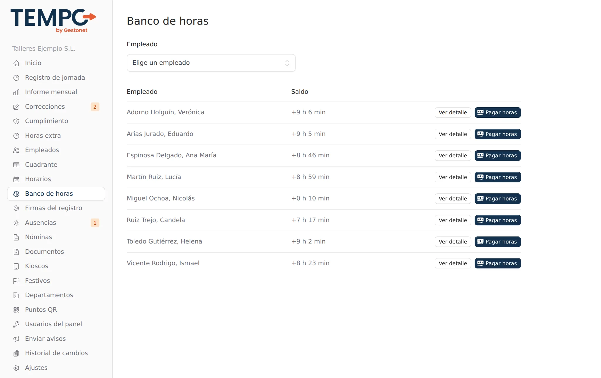 Banco de horas por trabajador