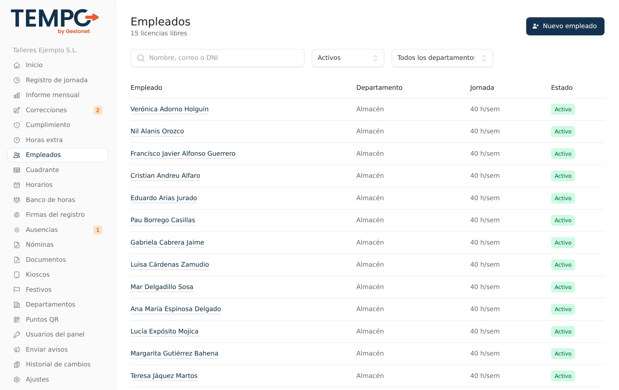 Listado de empleados en el panel de Tempo