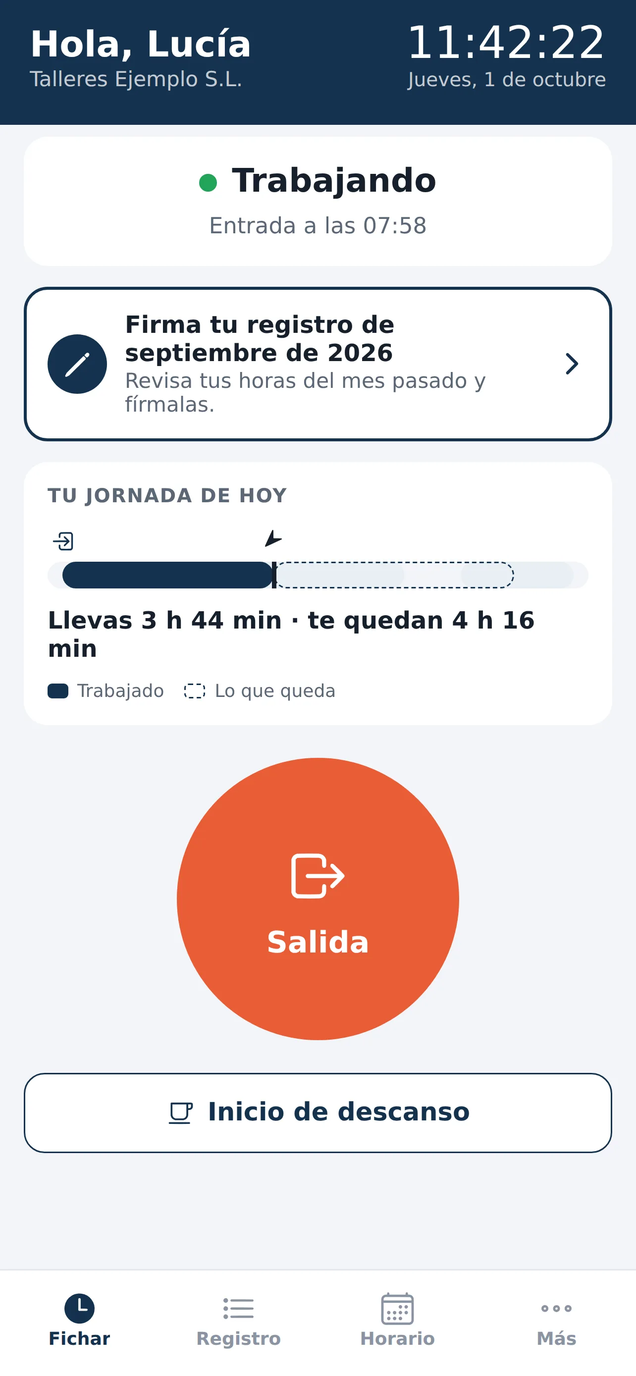 Pantalla de fichaje de la app Tempo